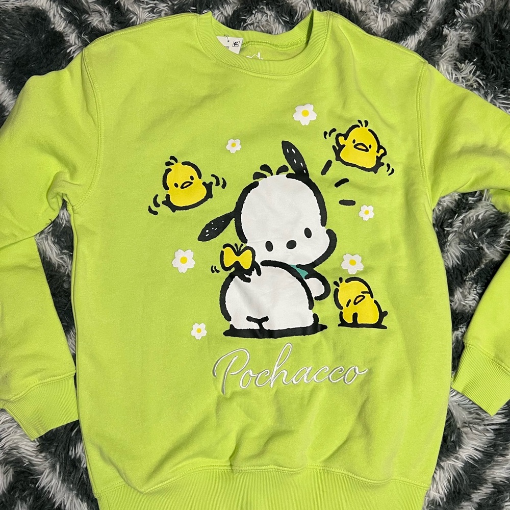 Lime Green Pochacco Sweatshirt Women’s Size XS NWT P2P 18 embroidered detail - Picture 3 of 6